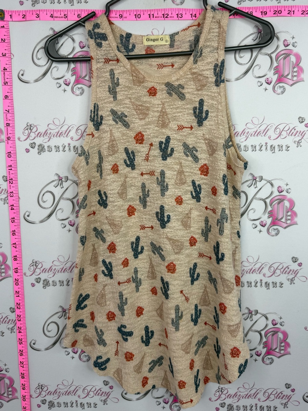 Ginger G tank top cactus Beige Tank with Teal Cactus & Rust Rose Print